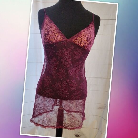 Victoria Secret XS maroon lace top. Features lace tie on the back, gold accent - Picture 1 of 5